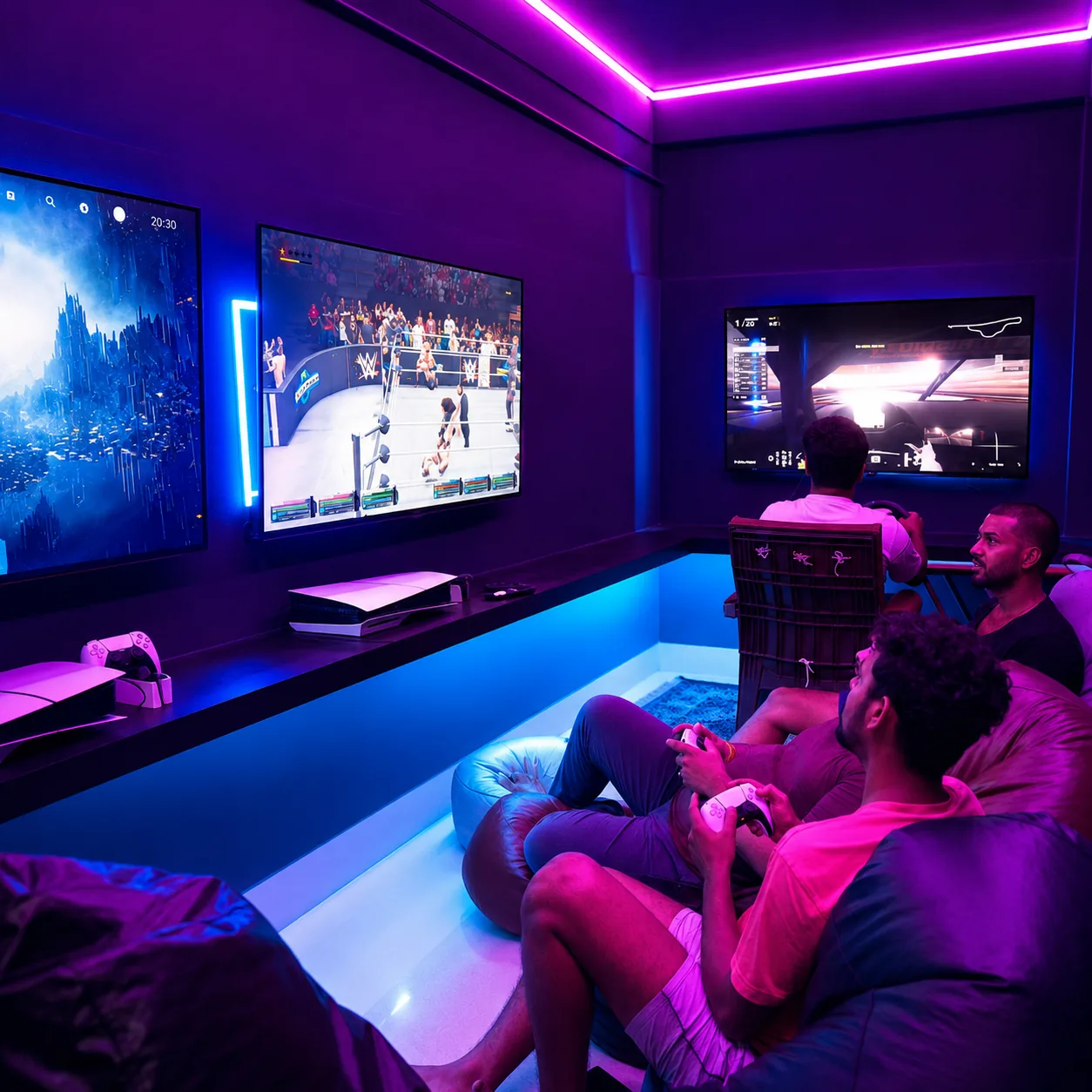 Mahakaal Gaming Arena neon gaming room with PS5 stations and racing simulator