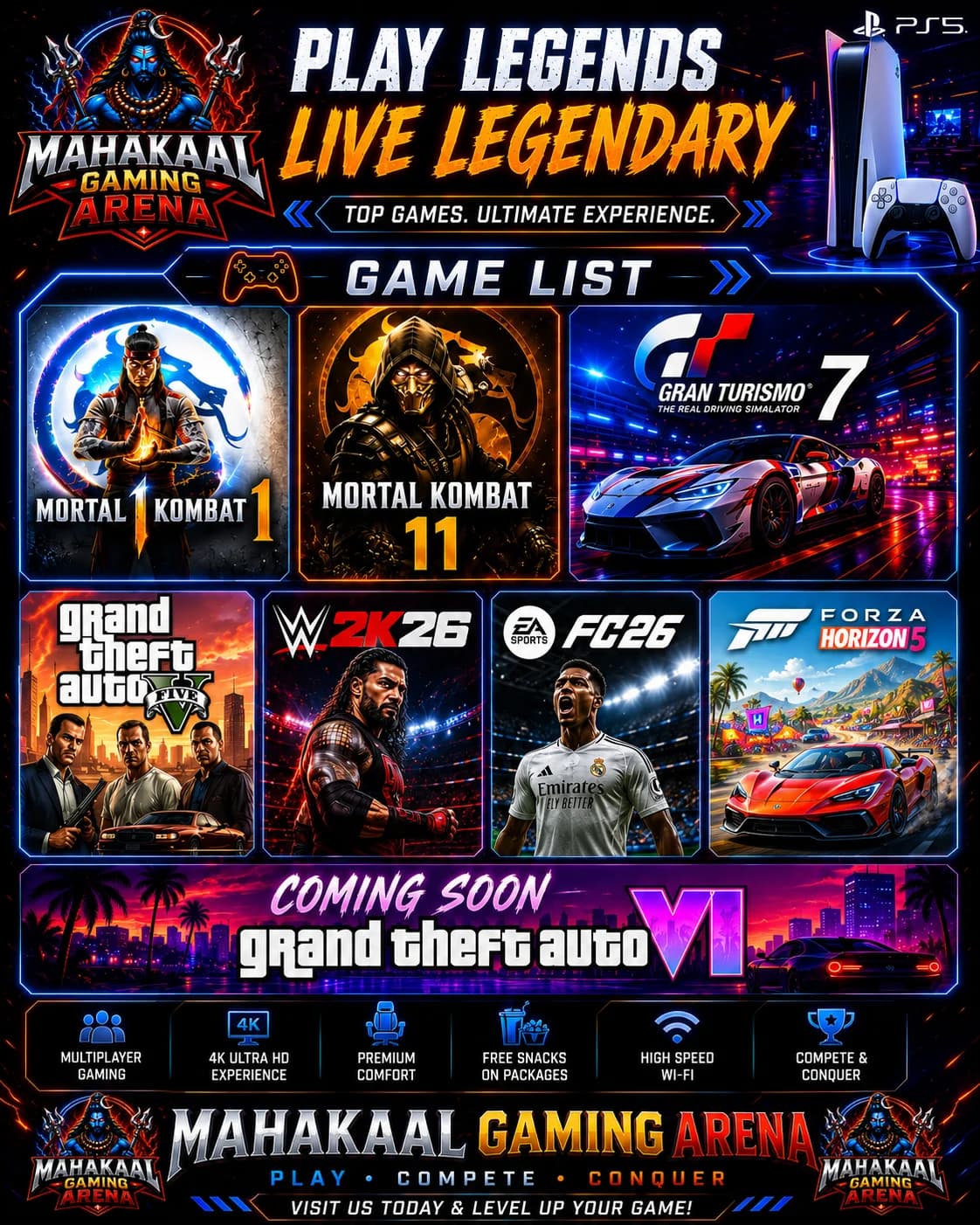 Mahakaal Gaming Arena game list poster featuring Mortal Kombat, Gran Turismo 7, GTA V, WWE 2K26, EA Sports FC 26, Forza Horizon 5 and GTA VI coming soon
